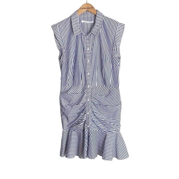 Veronica Beard Bell Bottom Ruched Striped Shirtdress - Picture 2 of 15